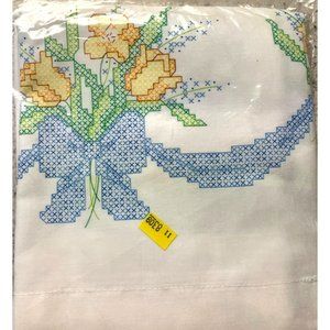 Vtg KIT TULIPS FLOWERS BOWS Cross Stitch Embroidery Needlework 2 PILLOWCASES NEW